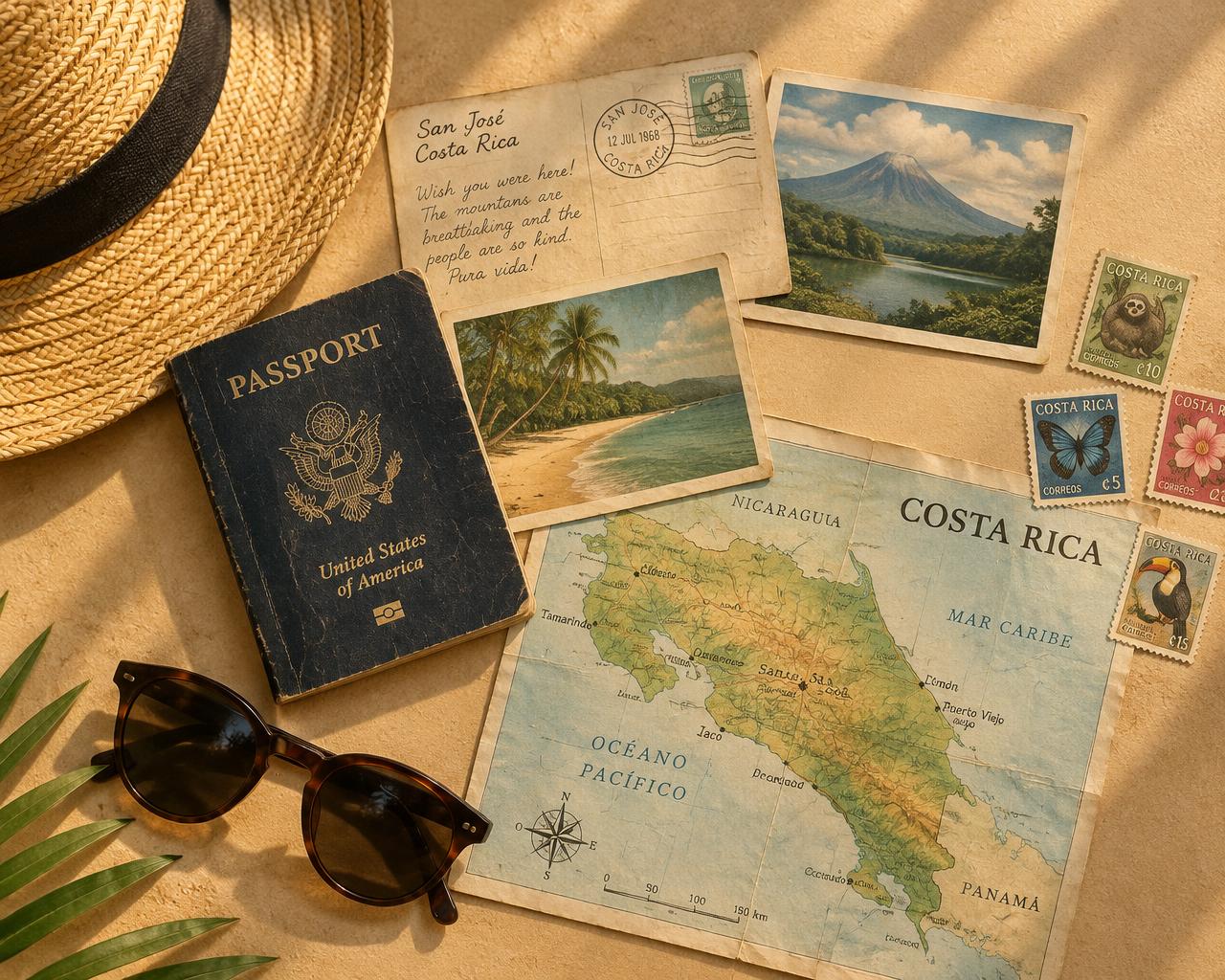 Pasaporte, postales y mapa de Costa Rica